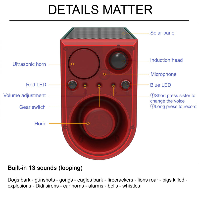 Solar Outdoor Motion Sensor Alarm-Dog Barking&Gunshot Sound, 130db Motion Detector Alarm Light,with Remote Controller,13 Kinds of Sound Red&Blue Strobe Light with USB (± Volume /130dB 1PCS) 911J 1 Pack