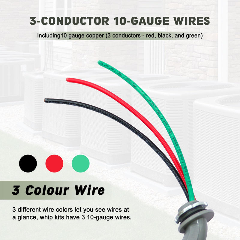 1/2" x 4Ft Power Whip Assembly Kit, Non-Metallic Liquid Tight Flexible Electrical Conduit with 10 Gauge Wire Electrical AC Whip Kit