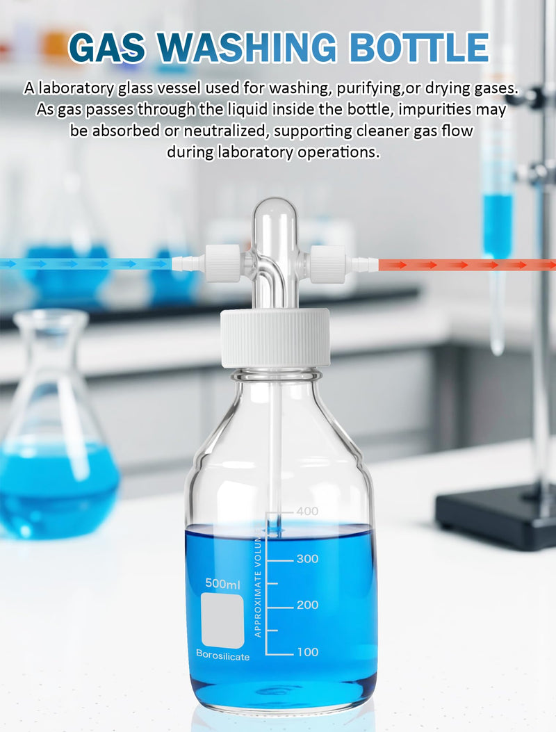 Lab Gas Washing Bottle with GL45 Screw Cap, Graduated Laboratory Buffer Bottles, Drechsel Head with Detachable Hose Connectors, 500ml, White PTFE Lid, Up to 250℃, Acid and Alkali Resistant PTFE-Caps