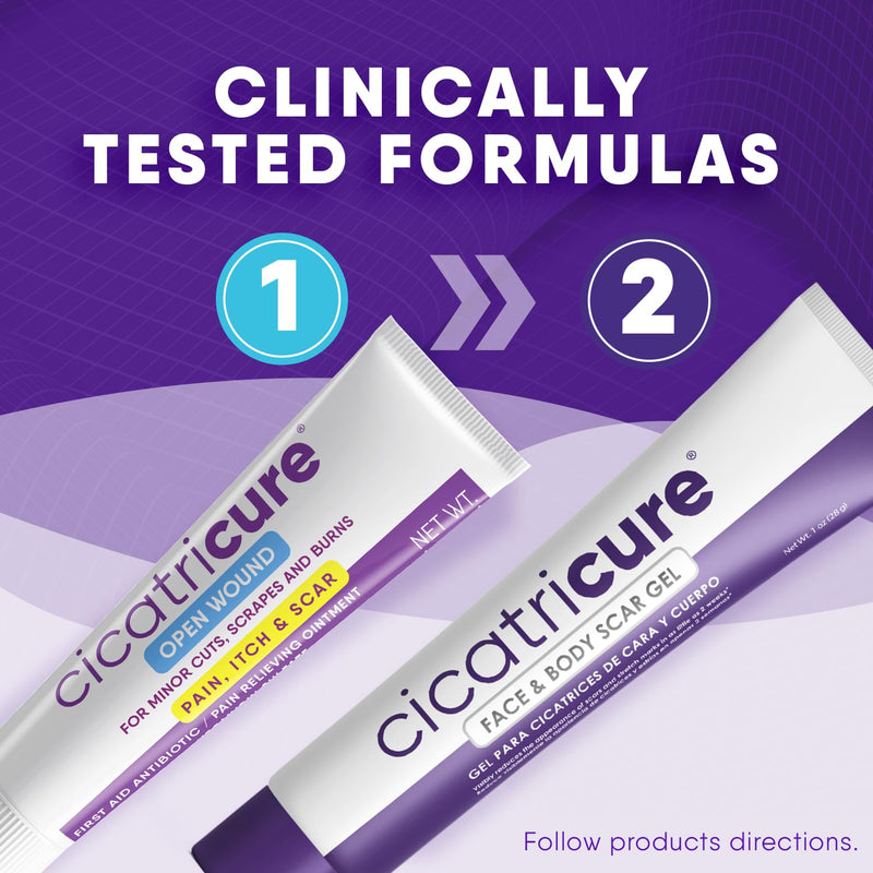 Cicatricure Skin Recovery Kit: Advanced Scar Gel & Open Wound Care Antibiotic Ointment, Reduces Stretch Marks, Surgical & Acne Scars, Treats Cuts & Burns, 1 oz Each - for Adults & Kids