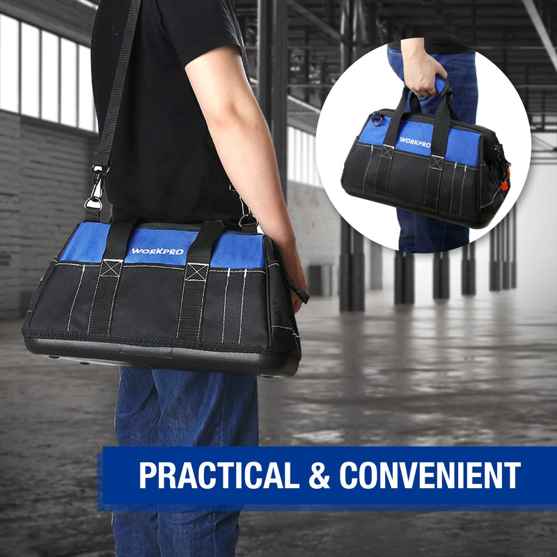 WORKPRO 16-inch Wide Mouth Tool Bag with Water Proof Molded Base Black&Blue