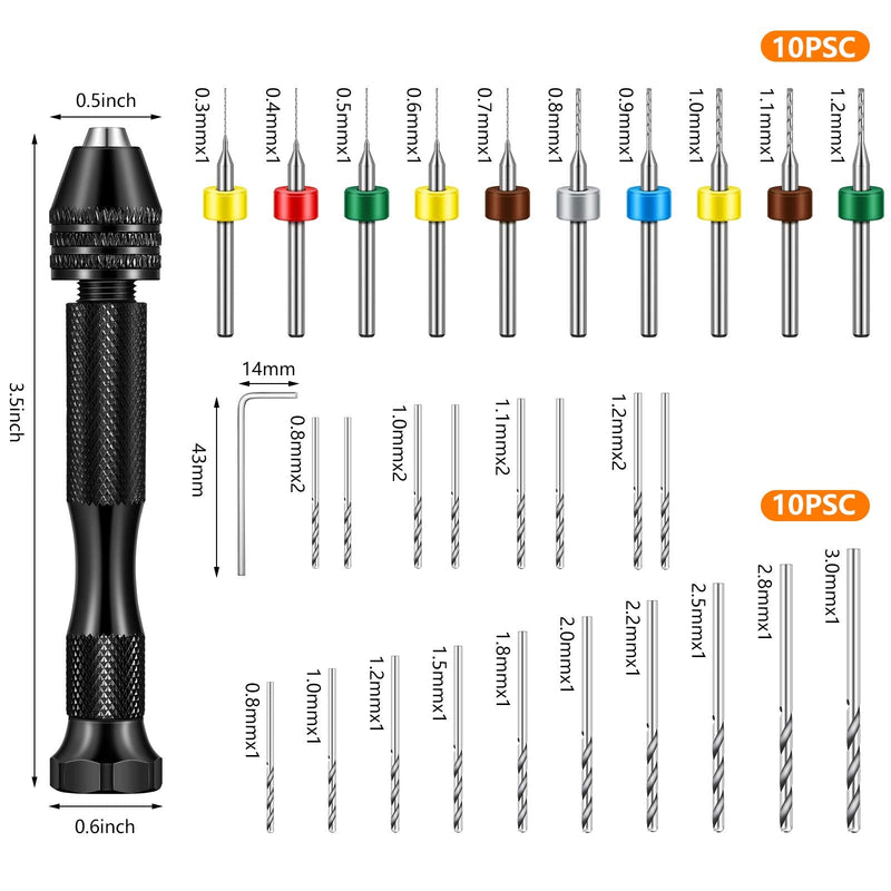 Electric Hand Drill Set for Resin Casting Mold, Electric Hand Drill with 8 Drill Bits (0.8-1.2 mm), Pin Vise Hand Drill with 10 Mini Drills (0.8-3.0 mm), 10 PCB Twist Drills (0.3-1.2 mm), Screwdriver
