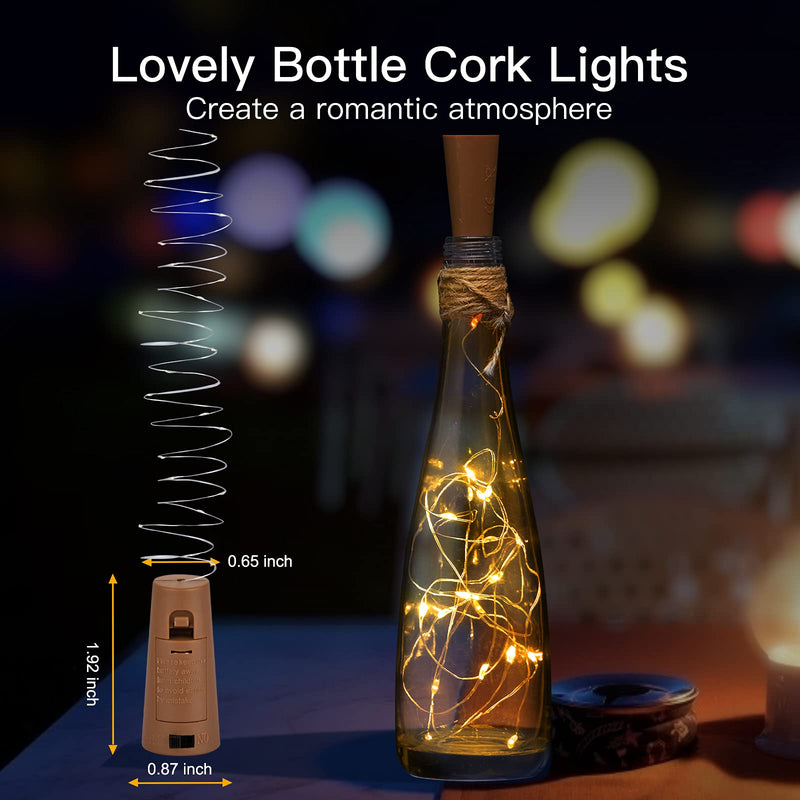 Brightown Wine Bottle Lights with Cork, 10 Pack 20 LED Waterproof Battery Operated Cork Lights, Silver Wire Mini Fairy Lights for Liquor Bottles DIY Party Bar Christmas Wedding Décor Warm White 10 PC