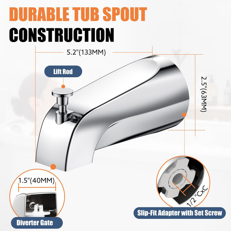 Universal Bathtub Tub Spout with Diverter, Fits 1/2" Slip-Fit Copper Pipe Connection, Pull Down Bathtub Faucet Spout Replacement, Easy Installation (Chrome) Chrome