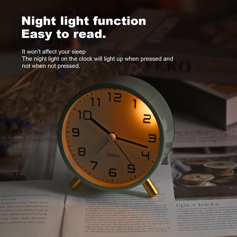 Analog Alarm Clocks,Retro Metal Desk Silent Non Ticking Small Clock with Night Light,Battery Operated,Simple Design,for Bedrooms, Bedside,Office,Home Décor (Green) Green