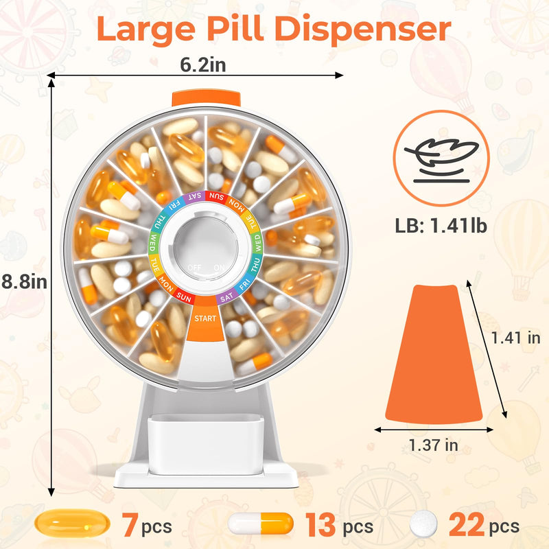 Zoksi Large Fun Pill Dsipenser, Daily Pill Box for 7 or 14 Days, Wall-Mountable or Tabletop Weekly Pill Organizer Hold for Medicine, Vitamin or Supplements, Pill Case with Easy Press Button (White) White