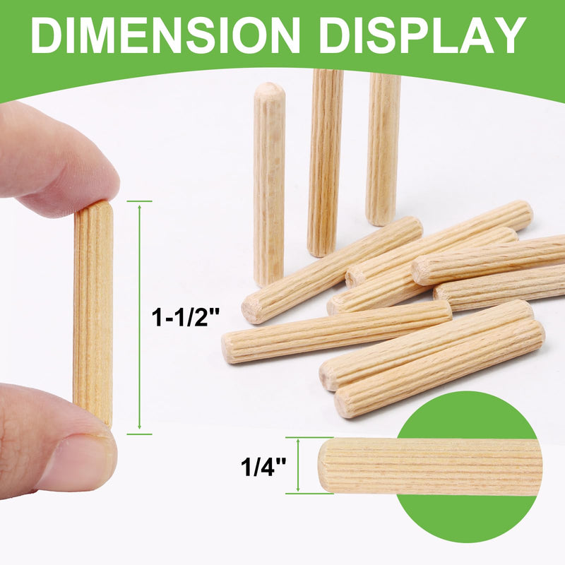 1/4" x 1-1/2" Wooden Dowel Pins, FoDau770 Fluted Wood Dowel Rods, Natural Beech Wood Dowel Pegs for Crafts, Woodworking, DIY Furniture - 200 Pieces 1/4" x 1-1/2"