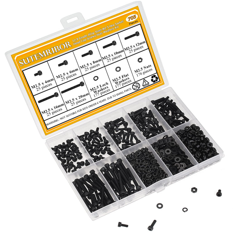 705 Pieces M2.5 Screws Nuts Washers Set Black, Sutemribor M2.5 x 4/6/8/10/12/16/20mm Hex Socket Head Cap Screws Nuts Washers Assortment Kit, 12.9 Grade Alloy Steel, Fully Threaded M2.5 Screws Kit