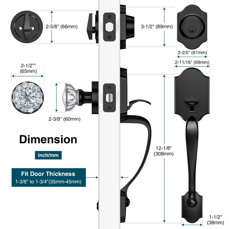 Black Front Door Handle and Deadbolt Set, Front Door Lock Set with Crystal Glass Door Knob, Entry Door Lock Set with Single Cylinder, Reversible for Right & Left, Matte Black Classic