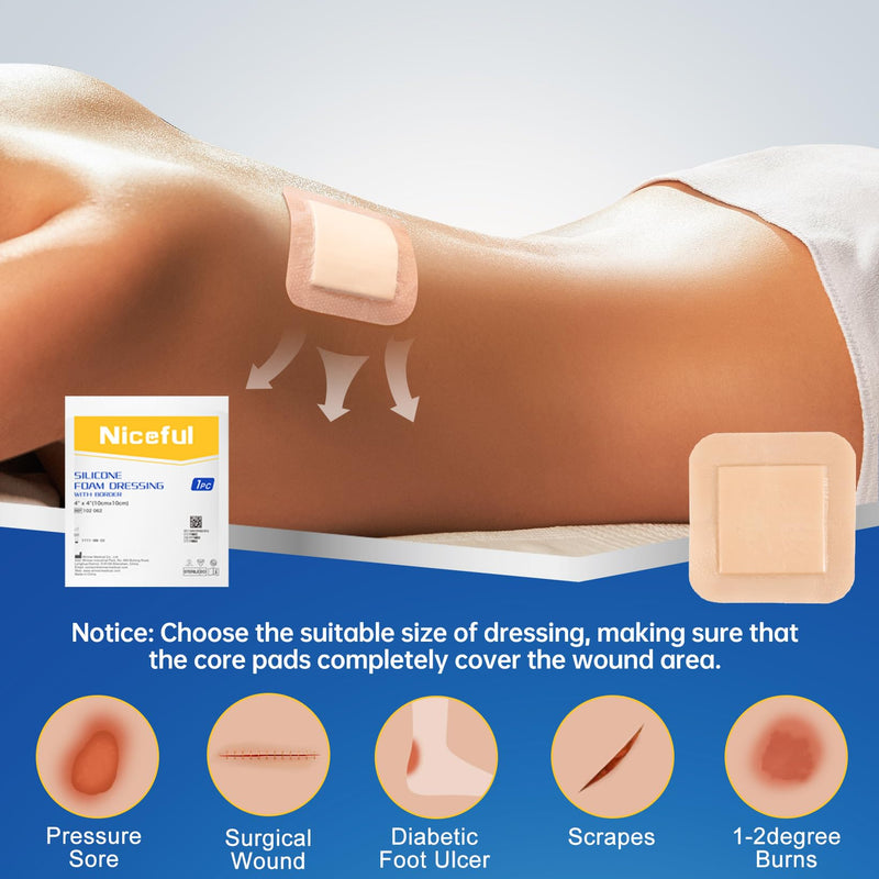 Silicone Foam Dressing 4"x4", Waterproof Silicone Bandages with Border Adhesive, High Absorbency Bed Sore Bandages Wound Care Dressing (2.5"X2.5" Pad), 5 Packs, FSA HSA Eligible 4x4 Inch (5 Pcs)