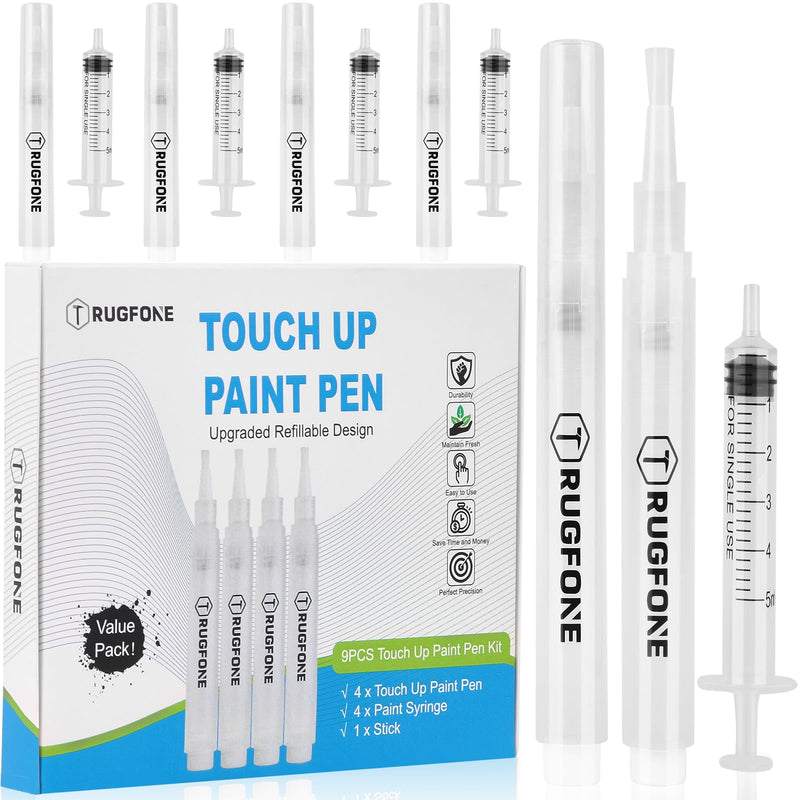 Touch Up Paint Pen 4 Pack Pens Fillable Paint Touch Up Brush Pen for Walls Refillable Paint Touch Up Pen for Wall Repair Funiture Cabinet Wood Floor Window 6ML 4 Count (9 Pcs Kit)