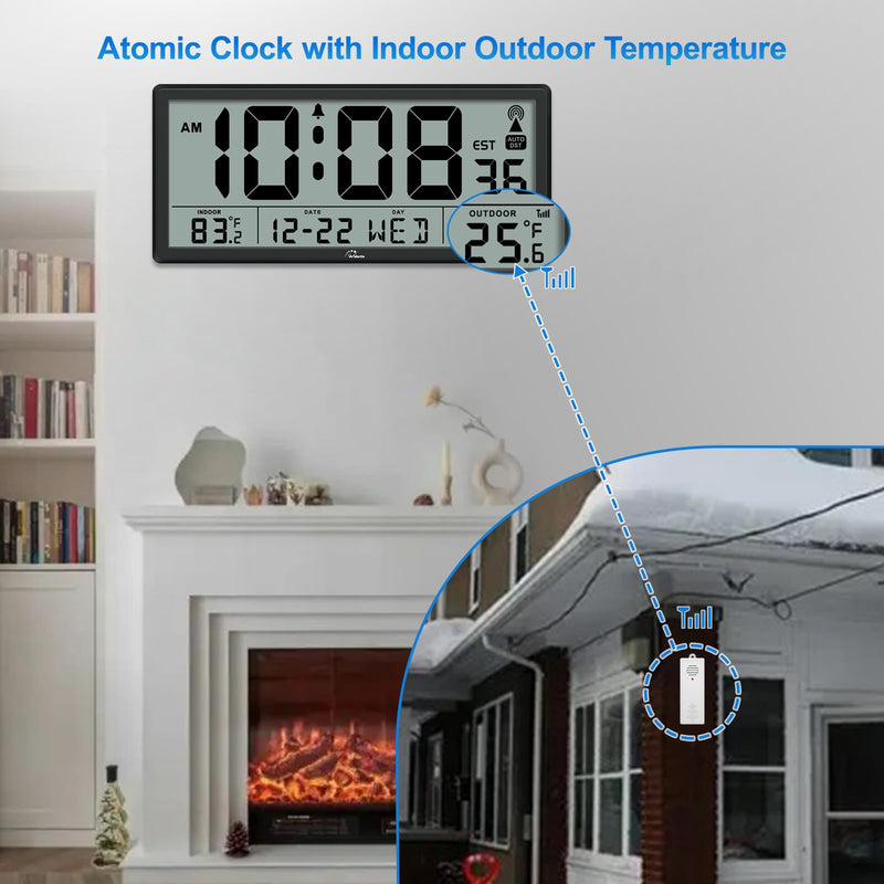 WallarGe Atomic Clock with Indoor Outdoor Temperature - Easy to Read - Self Setting, 14.5'' Jumbo Auto Set Digital Wall Clock Battery Operated Carbon