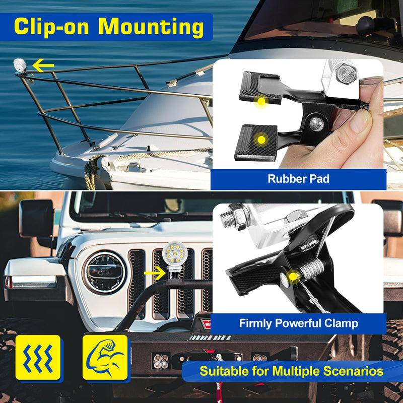Clip On LED Boat Spotlight with ON/OFF Switch, Super Bright 12V Headlights Marine Spot Light for Boats Night Fishing, Battery Clamps/Cigarette Lighter Power Boat docking lights for Kayak Camp Truck RV Clip On Light with Switch