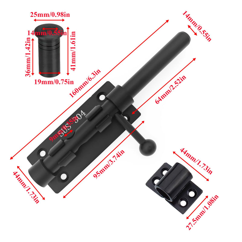 Slide Bolt Gate Latch Thickened Heavy Duty Door Latch Lock 304 Stainless Steel Barrel Bolt Lock Black Solid Gate Lock Door Latches Hardware with Screws and Dust Canister 6in 2pc