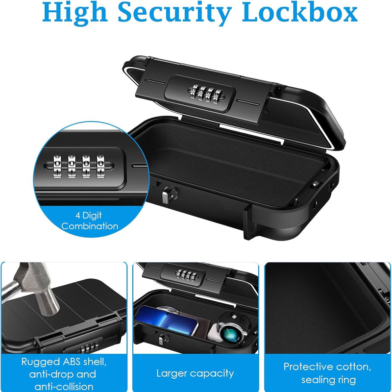 AMIR Portable Safe Box for Travel, Combination Security Case LockBox with Code, Waterproof Anti-Theft Mini Travel Safe Box with Removable Chain, Portable Lock Box for Car Hotel Personal Items Safe Black