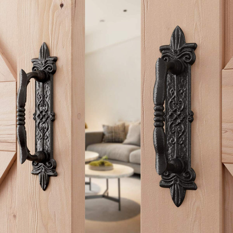 SMARTSTANDARD Heavy Duty 9" Antique Barn Door Handle Set of 2, Large Rustic Carved Door Pull, for Gates Garages Sheds, Black Powder Coated Finish 2 handles