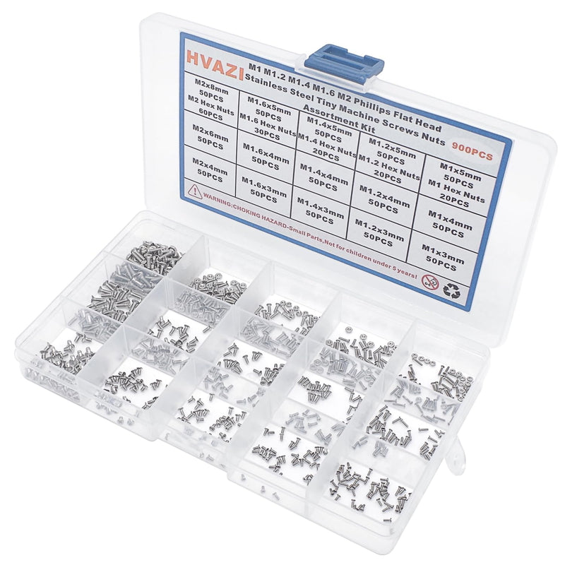 Metric 900PCS Metric M1 M1.2 M1.4 M1.6 M2 Phillips Countersunk/Flat Head Stainless Steel Tiny Machine Screws Nuts Assortment Kit M1M1.2M1.4M1.6M2
