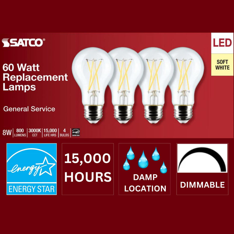 Satco S12463 LED Light Bulbs 8 Watt 120V 3000K Soft White 800 Lumens Dimmable 2 Packs of 4 (8 Bulbs Total)