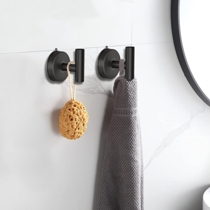 DGYB Large Suction Cup Hooks for Shower Set of 2 Black Towel Hooks for Bathrooms Stainless Steel Suction Shower Hooks for Inside Shower 15 Lb Removable Wall Hooks for Hanging Heavy Duty Matte Black