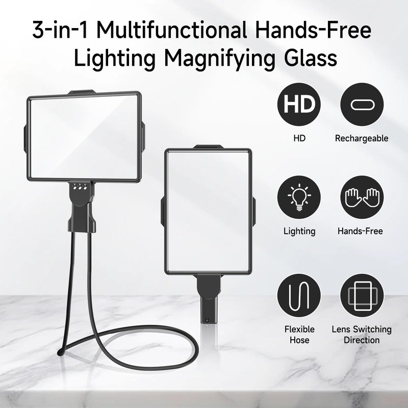 Large 5X Rechargeable Magnifying Glass with Lights, Hands Free Neck Wear Magnifier for Reading, Full Page Book Magnifier for Seniors Low Vision Elderly (Grey) Gray