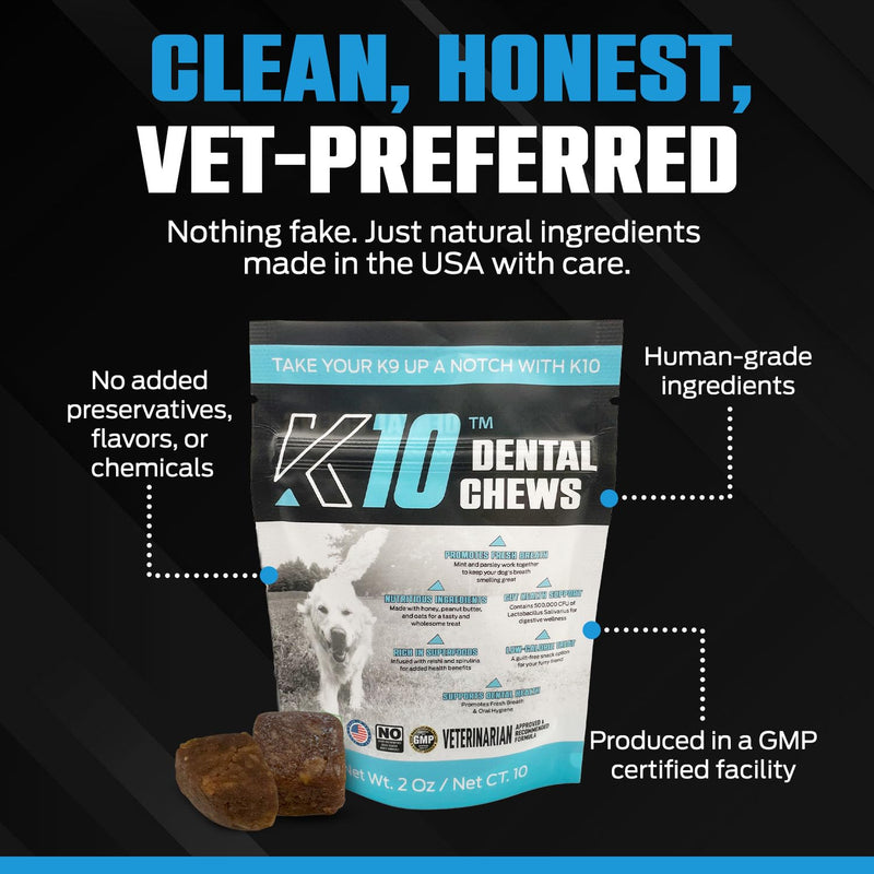 K10 Dental Chews (10 Count) – Low-Calorie Dog Chew with Human-Grade Ingredients – Dog Chews that Support Fresh Breath, Oral Hygiene, Digestion & Vitality – Vet-Preferred Dental Treats for Dogs Dental Chews 10 Count