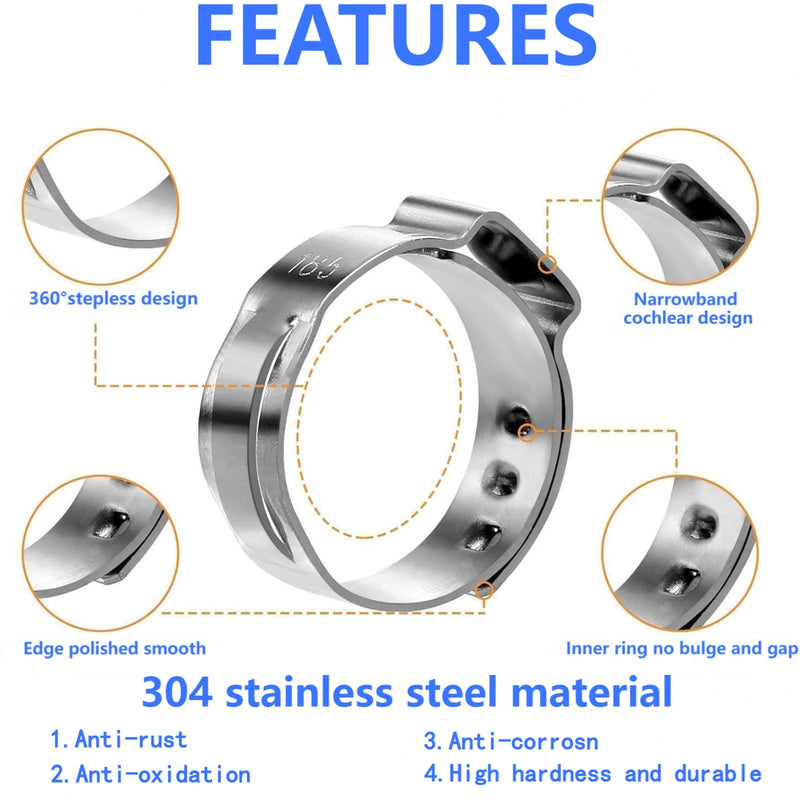 50Pcs 15mm-17.5mm （1/2"）Single Ear Hose Clamp Hose Crimp Clamps Ear Crimp Rings Ear Stepless Hose Clamp Pinch Clamps for Hose Pipe Clamp Tools (1/2inch) 1/2inch