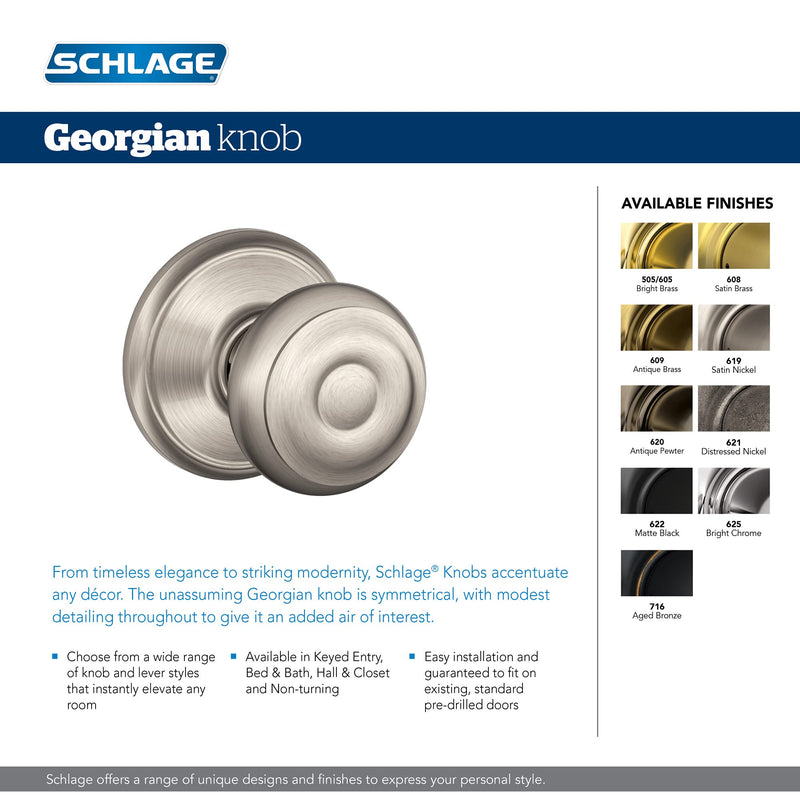 Schlage F40 GEO 619 Georgian Door Knob, Bed & Bath Privacy Lock, Satin Nickel 1 Pack