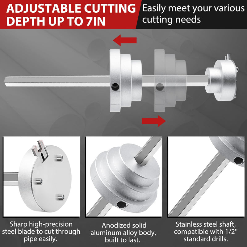 Inside Pipe Cutter for 1-1/2 Inch and 2 Inch Schedule 40 Pipe, 7 Inch Cutting Depth Internal PVC Pipe Cutter Plumbing Tool with Aluminum Alloy Body, Stainless Steel Shaft, Steel Blade Silvery