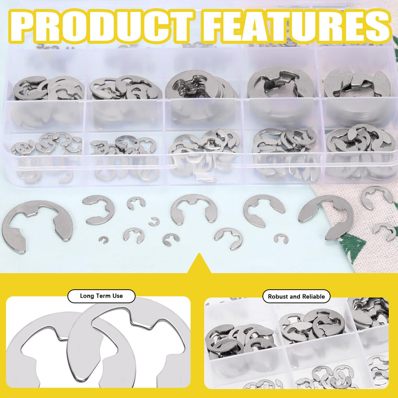 211Pcs Stainless Steel E-Clip Assortment Set, E-Clip Circlip External Retaining Rings - 1.5mm, 2mm, 2.5mm, 3mm, 3.5mm, 4mm, 5mm, 6mm, 7mm, 8mm, 9mm, 10mm, 12mm, 15mm Silver