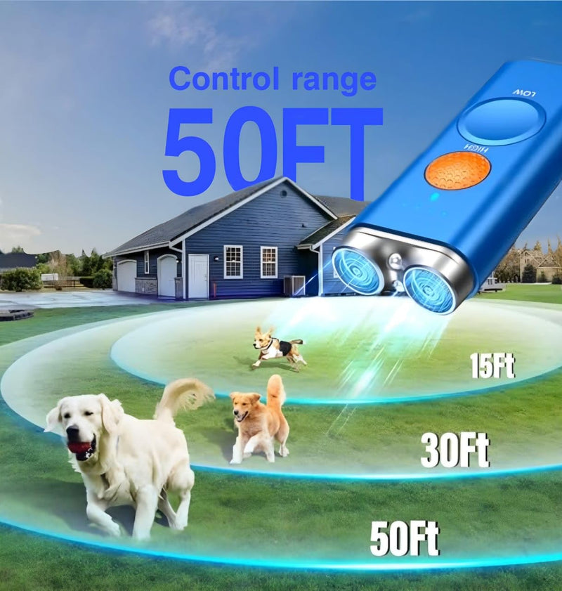 Dog Bark Deterrent Device 3 in 1 Ultrasonic Anti Barking Device with Dual Emitters 50ft Range Rechargeable Portable Training Tool with 2X Power Safe Bark Control for All Breeds Indoor outdoor (BLUE) BLUE