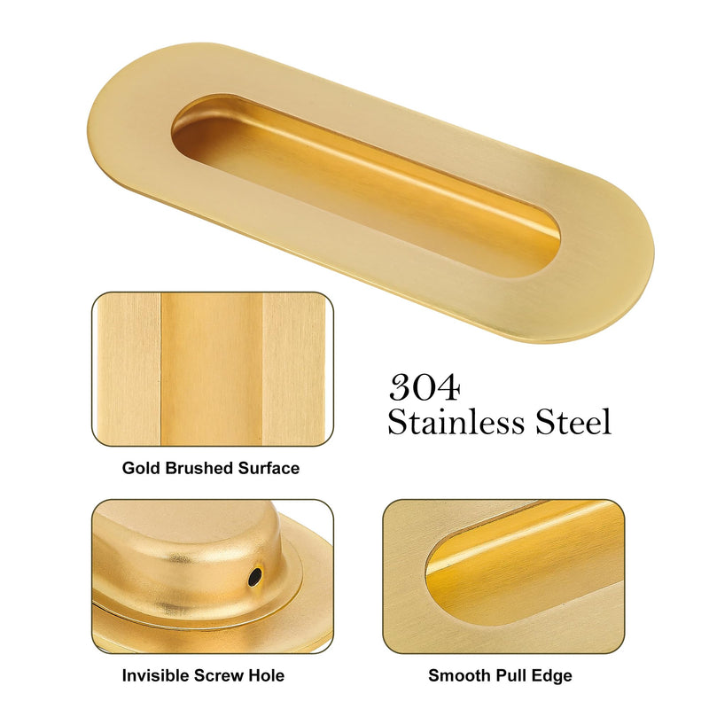 Malimali 6 Inch Gold Recessed Finger Flush Pulls for Pocket Door Closet Door, Sliding Barn Door Handle Hardware Brushed Gold Stainless Steel Oval Door Pulls (4 Pack) Oval (4 Pack)