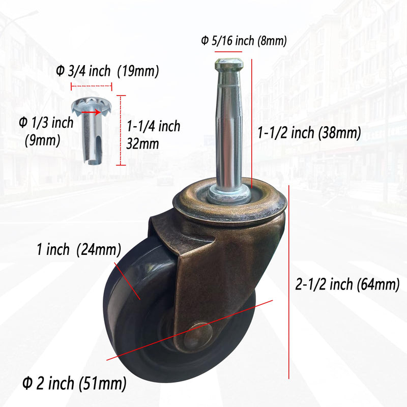 2.0 Inch Antique Caster Wheels, Furniture Wheels 5/16 Inch x 1-1/2 Inch (8 x 38mm) Stem Caster for Furniture Sofa Chair Cabinet Set of 4 2.0inch without Brake