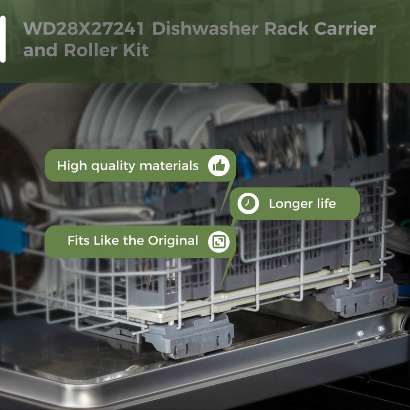 WD28X27241 Dishwasher Rack Carrier and Roller Kit Compatible GE Dishwasher Lower Rack Wheels Assembly, Fits L and R Side. Exact Fit Replaces WD12X28078 WD12X10438 WD12X10439 WD12X10446 1PCS 1