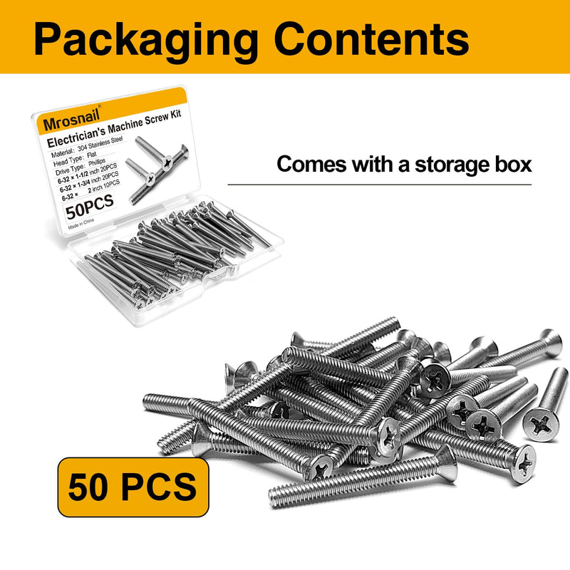50PCS Machine Screws, Extra Long 6-32 x 1-1/2", 1-3/4", 2", Stainless Steel Outlet Extender Screws for Fixing Wonky and Sunken Electrical Outlets, Device Mounting, and Receptacle Repairs 50Pcs Mix