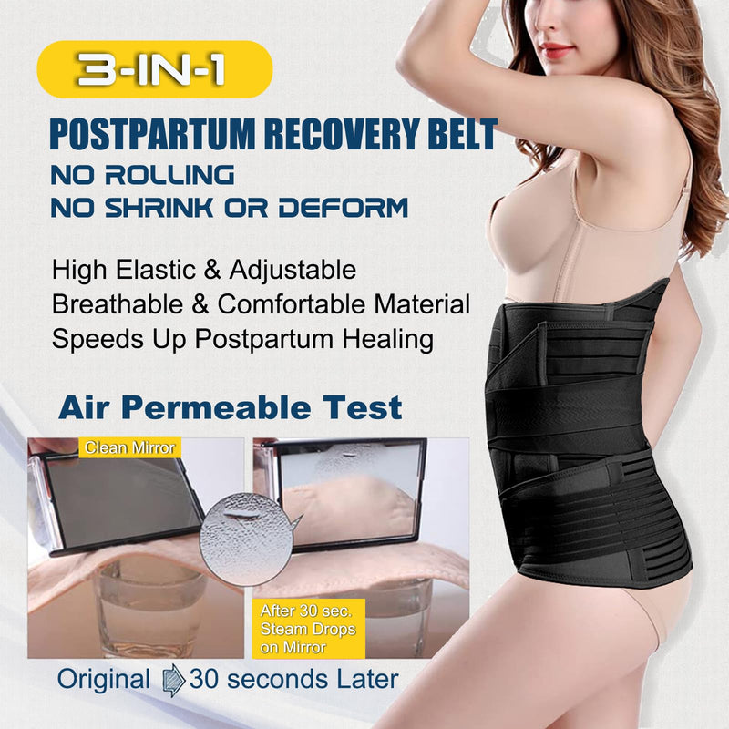 ChongErfei 3 in 1 Postpartum Belly Wrap - Recovery Belly/Waist/Pelvis Belt Black Postpartum Belly Band,Black L/One Size Large(One Size)