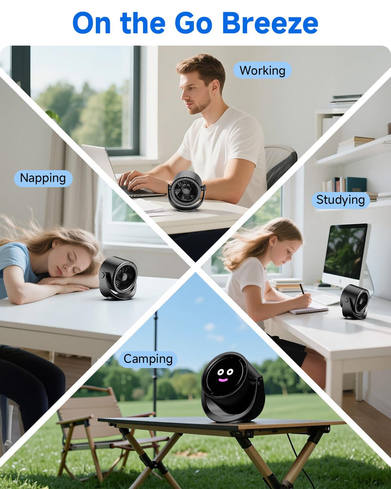 YOSHENMO Portable Desk Fan for Bedroom, Turbo Table Fans with smile icon LED Display, 6-inch, 5-Speed Strong Airflow, Low Noise, 360° Adjustable Tilt, Suitable for Home, Office, Outdoor, Ink Black