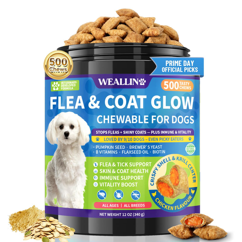 Flea and Tick Prevention for Dogs, Dog Flea Treatment with Skin & Coat Support 500 Crunchy & Krill Chews Dog Flea and Tick Treatment Chewable for Immunity & Energy for All Breeds & Ages Chicken Flavor