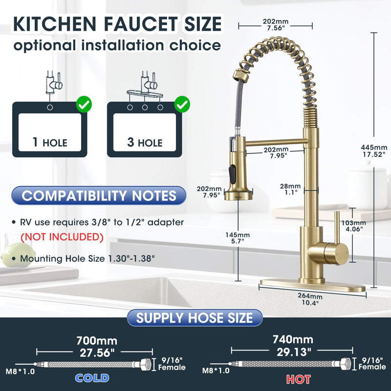 Kitchen Faucet with Pull Down Sprayer, Brushed Gold High Arc Single Handle Spring Pull Out Stainless Steel Faucet for Kitchen Sink, 2 Mode Utility Ideal for Laundry Camper Bar RV Room B-Gold Classic