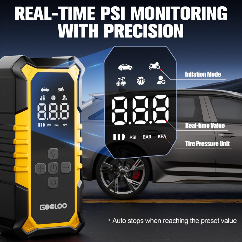 GOOLOO A6 Gear 160 PSI & 7500mAh Tire Inflator Portable Air Compressor Yellow
