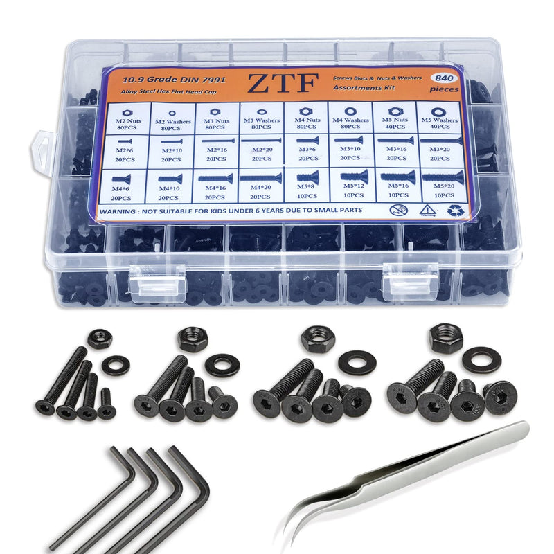 840PCS Metric M2 M3 M4 M5 Hex Socket Flat Head Screws Bolts Nuts Washers Assortment Kit with Storage Box, 10.9 Grade Alloy Steel Metric Thread Hexagon Allen Machine Bolt, DIN 7991 with 4 Hex Wrenches Flat Socket Head