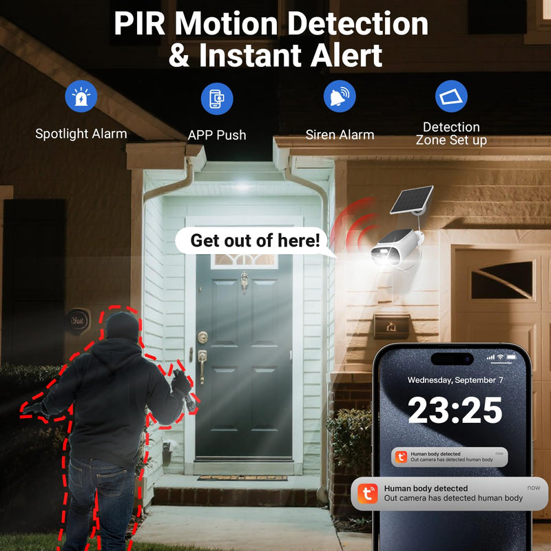Rraycom 2.5K Solar Security Cameras Wireless Outdoor, Tuya Smart Camera,2-Way Talk, Color Night Vision, PIR Motion Detection,Spotlight/Siren, Alexa, Waterproof,No Monthly Fee C366-1pc
