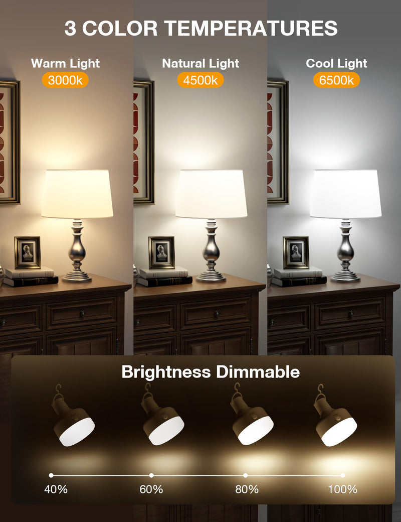 NIORSUN 2 Pack E26 Battery Operated Light Bulb, 300LM 5200mAh 3 Color Temperature and RGB Rechargeable Light Bulbs with Remote, Dimmable & Timer Function for Wall Sconces
