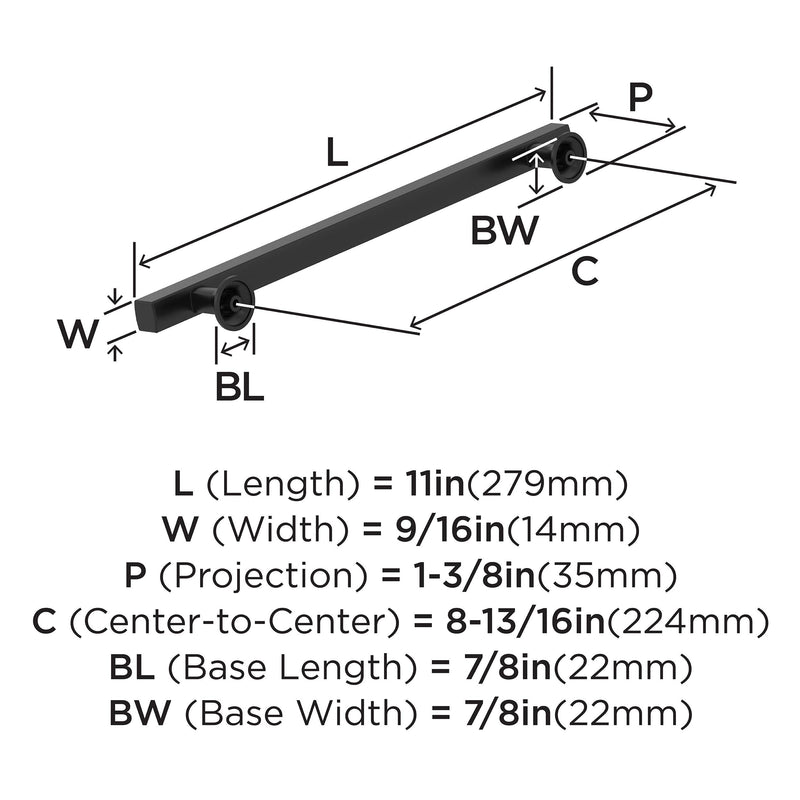 Amerock 8-13/16" Everett Matte Black Drawer Pull | 8-13/16 inch (224mm) Center-to-Center Mounting Distance and 11 inches Overall Length, Durable Zinc Cabinet Hardware 8-13/16 Inch (224 mm) Center-to-Center