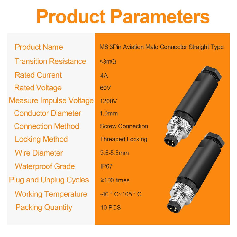 10Pcs M8 3-Pin Aviation Connector Male, Industrial A Coding Field Assembly Plug 8mm IP67 Waterproof for Circular Socket Panel Sensor 3 Pins M8 Straight Male