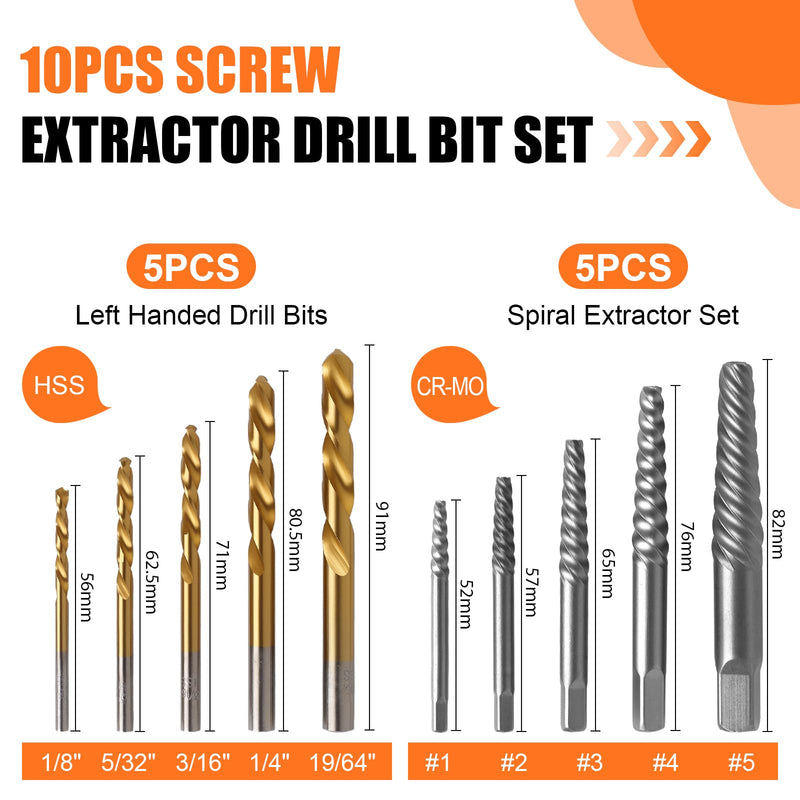 Gift for Men 10Pcs Screw Extractor Set, 40# Cr-Mo & 4241 HSS Cobalt Left Hand Drill Bits Set for Removing Stripped Screws and Broken Bolts Ez Out Broken Bolt Extractor Kit & Drill Bit Extractor Set