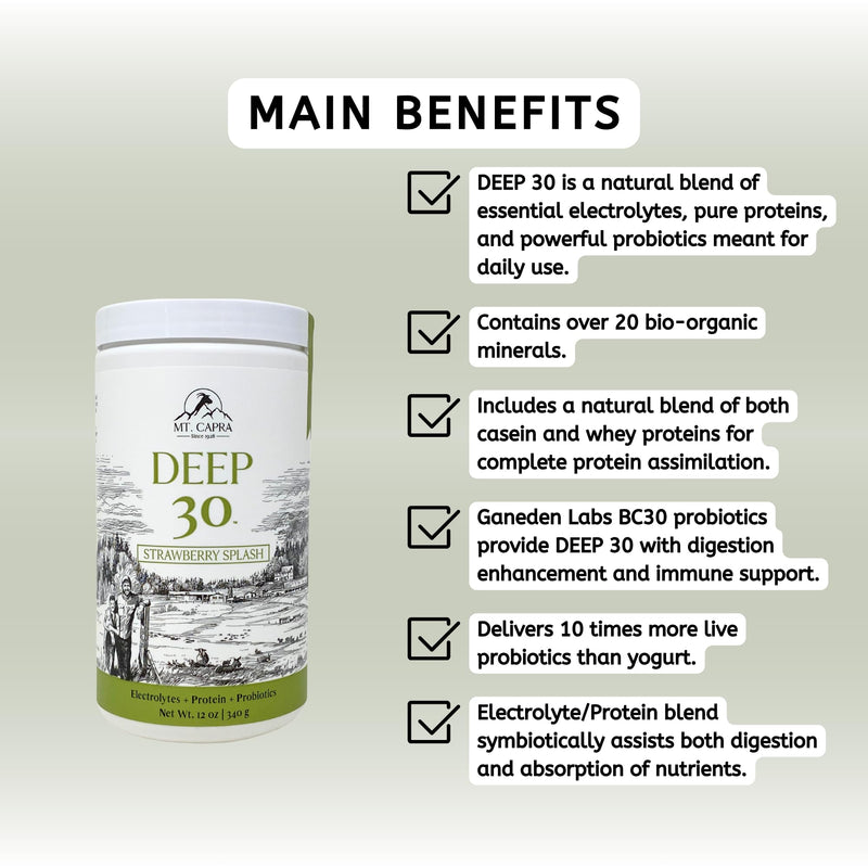 Mt. Capra Deep 30 | Meal Replacement Shake, Goat Protein Powder with Grass-Fed Whey Protein, Casein Protein, Minerals, and BC-30 Probiotics | Strawberry Splash | 11 Servings - 12 Ounces