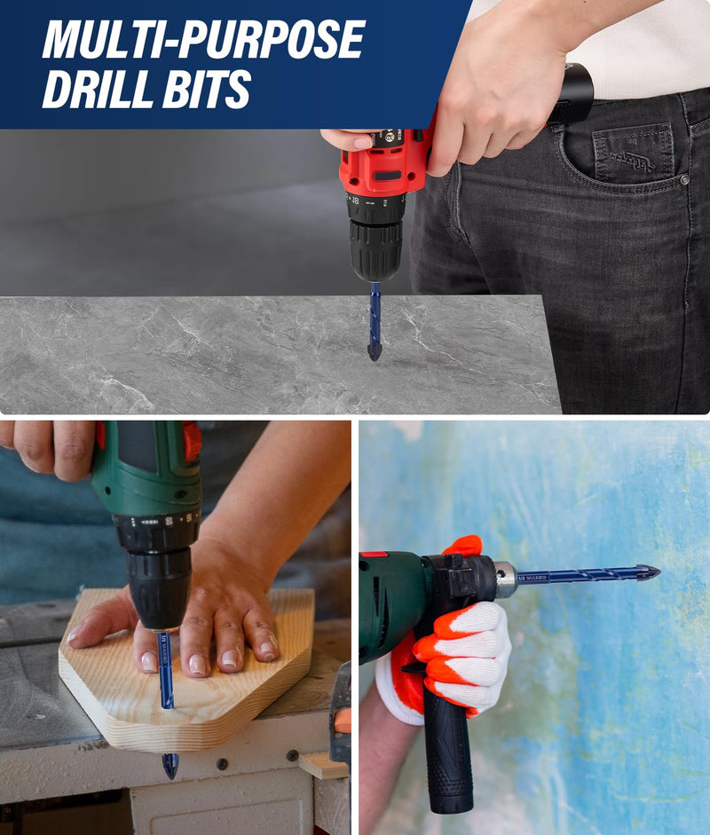 17Pcs Serrated Masonry Drill Bit Set with Bit Holder, 1/4 to 9/16 Inch Four Blade Serrated Eccentric Drill Bits Kit, Carbide Four-Edge Drill Bits for Tile Glass Brick Plastic Wood