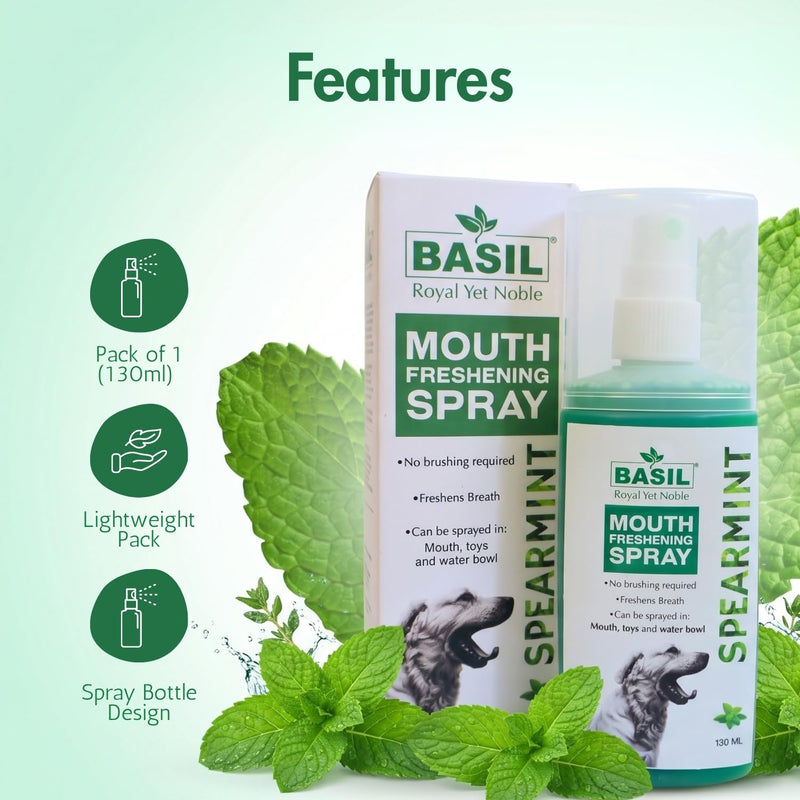 BASIL Dog Dental Spray for Teeth Cleaning & Bad Breath | Spearmint Fresh Breath for Dogs | Teeth and Gum Care | Easy-to-Use Pet Dental Spray for Everyday Use - (4.4 oz)