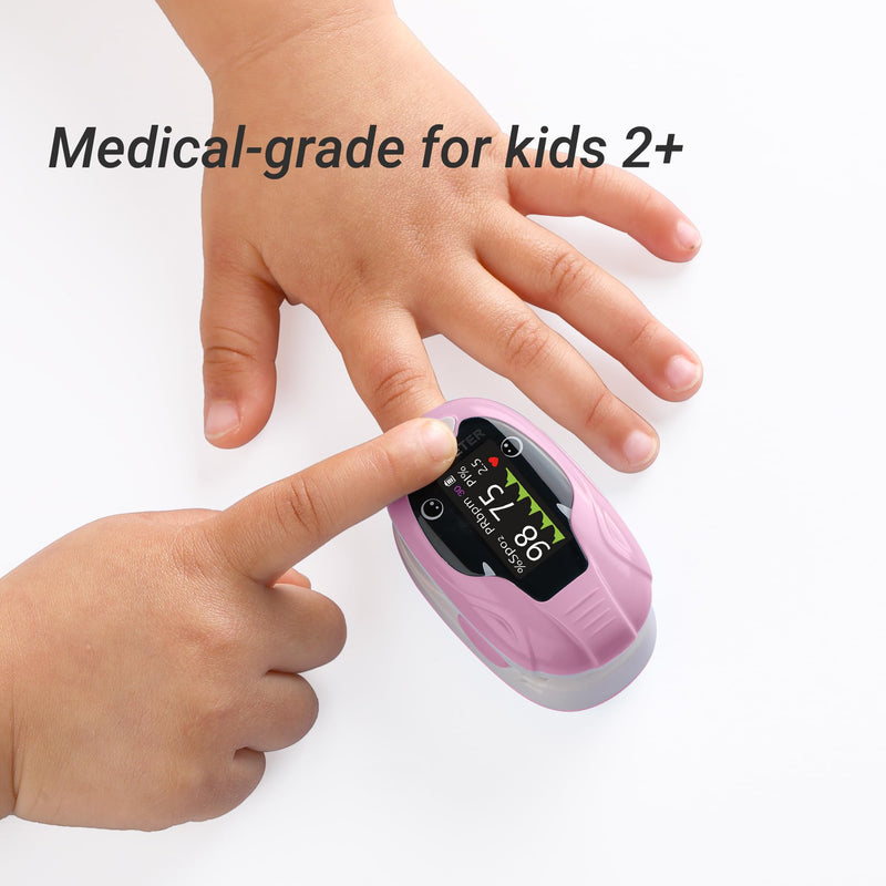 Kids Fingertip Pulse Oximeter for Children Age 2+, Blood Oxygen Saturation Monitor SpO2 & Pulse Rate, Fast Reading with Memory Function, Adjustable Brightness, Batteries Included, Pink