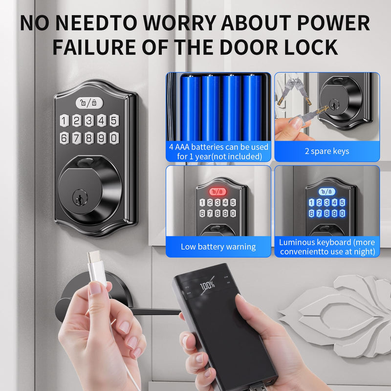 Smart Door Lock Set for Front Door with 2 Lever Handles: Keyless Entry via Fingerprint & Digital Keypad - Electronic Deadbolt App Control and Auto Lock for Easy Installation & Family Security Black
